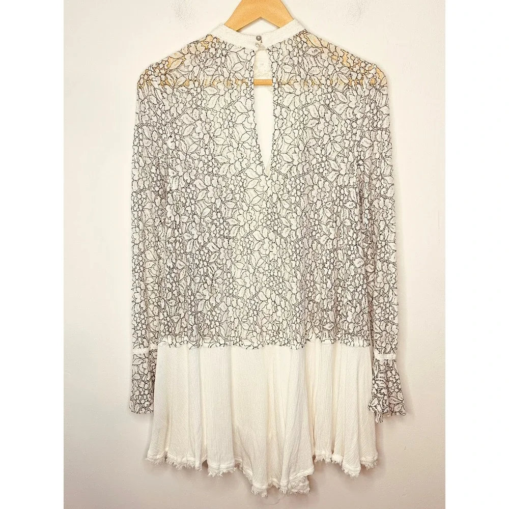 Free People Tell Tale Heart Tunic Womens Small Ivory Black Lace Boho Cottagecore